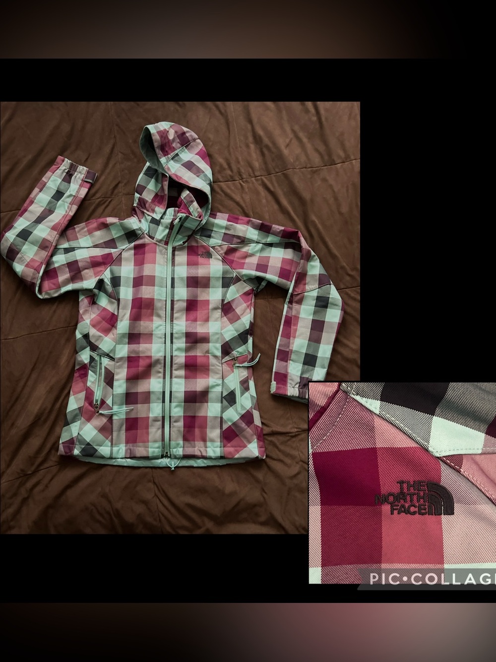North Face Women’s Purple & Mint Plaid Hooded Zip Up Jacket